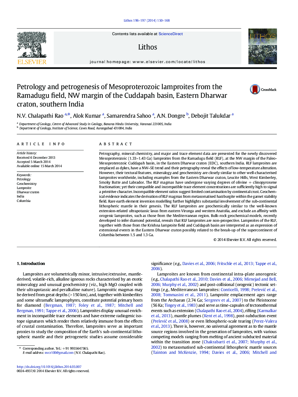 Petrology and petrogenesis of Mesoproterozoic lamproites from the Ramadugu field, NW margin of the Cuddapah basin, Eastern Dharwar craton, southern India