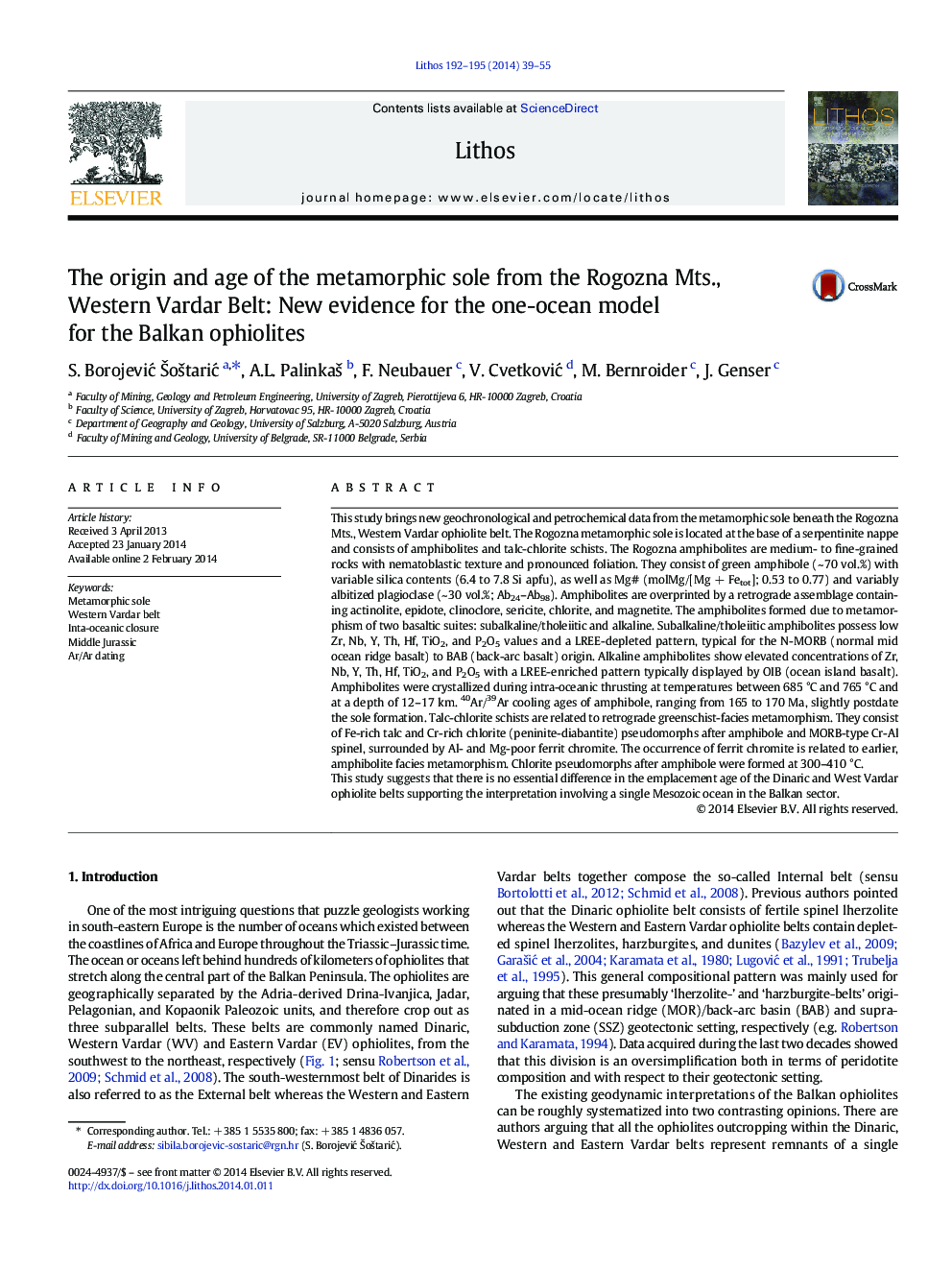 The origin and age of the metamorphic sole from the Rogozna Mts., Western Vardar Belt: New evidence for the one-ocean model for the Balkan ophiolites