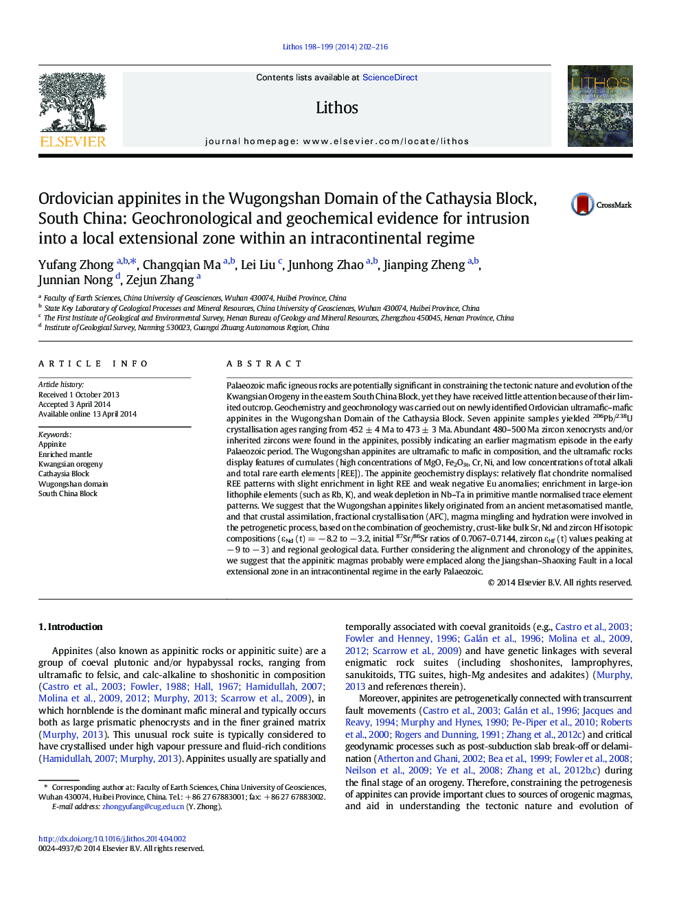 Ordovician appinites in the Wugongshan Domain of the Cathaysia Block, South China: Geochronological and geochemical evidence for intrusion into a local extensional zone within an intracontinental regime