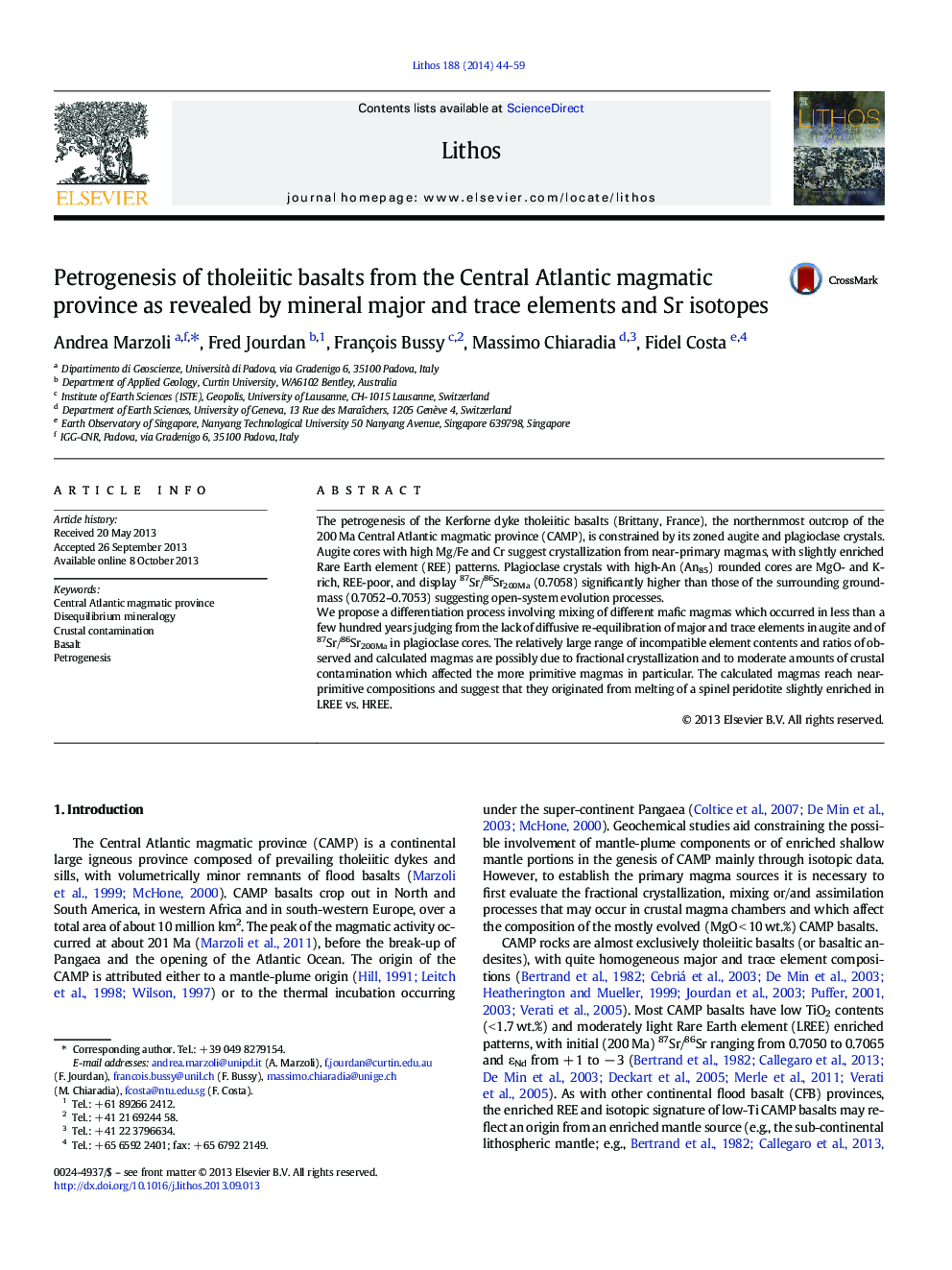 Petrogenesis of tholeiitic basalts from the Central Atlantic magmatic province as revealed by mineral major and trace elements and Sr isotopes