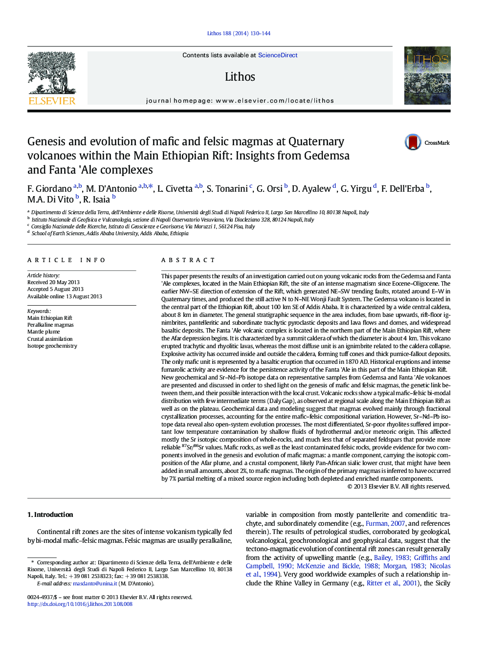 Genesis and evolution of mafic and felsic magmas at Quaternary volcanoes within the Main Ethiopian Rift: Insights from Gedemsa and Fanta 'Ale complexes