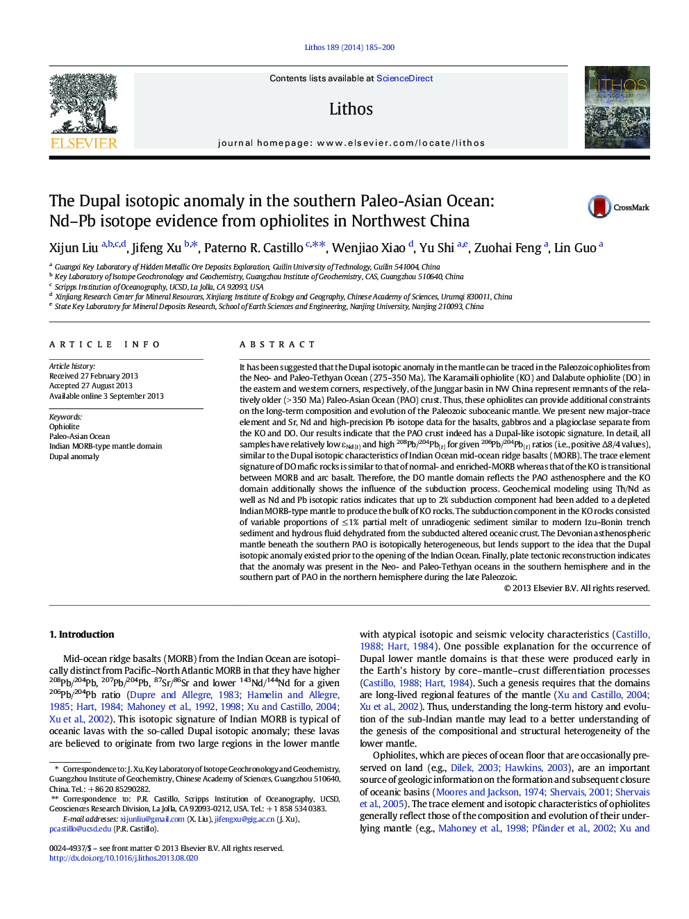 The Dupal isotopic anomaly in the southern Paleo-Asian Ocean: Nd–Pb isotope evidence from ophiolites in Northwest China