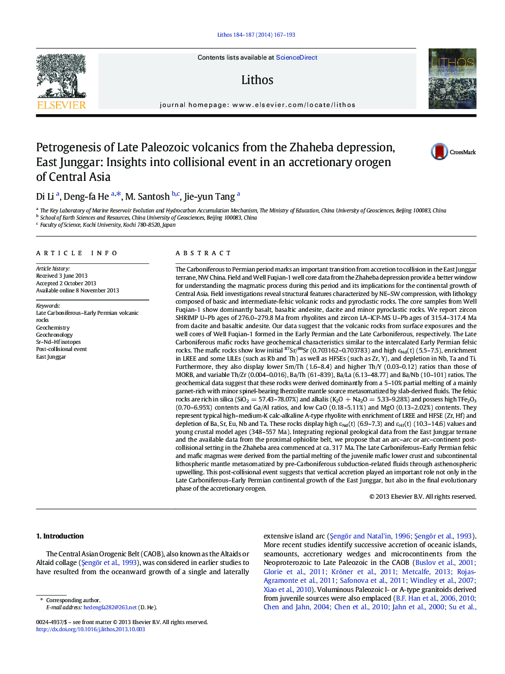 Petrogenesis of Late Paleozoic volcanics from the Zhaheba depression, East Junggar: Insights into collisional event in an accretionary orogen of Central Asia