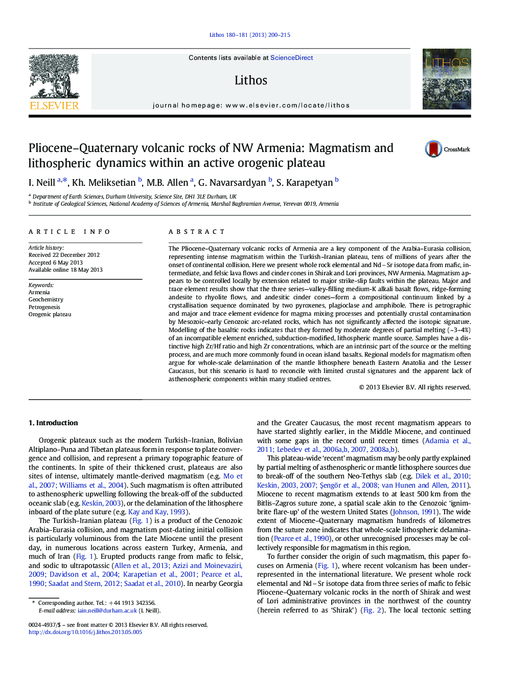 Pliocene–Quaternary volcanic rocks of NW Armenia: Magmatism and lithospheric dynamics within an active orogenic plateau