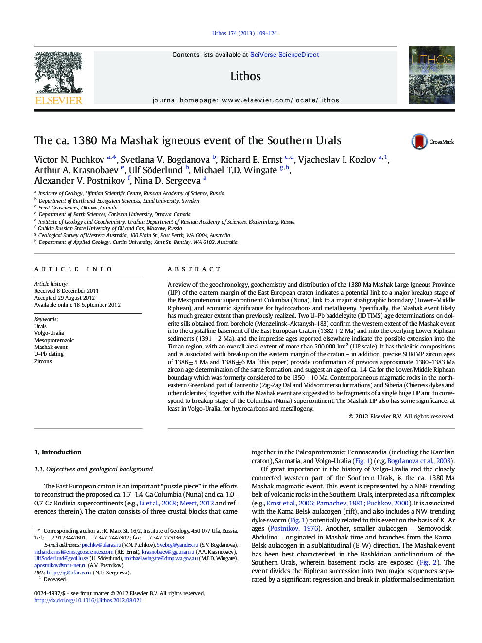 The ca. 1380 Ma Mashak igneous event of the Southern Urals