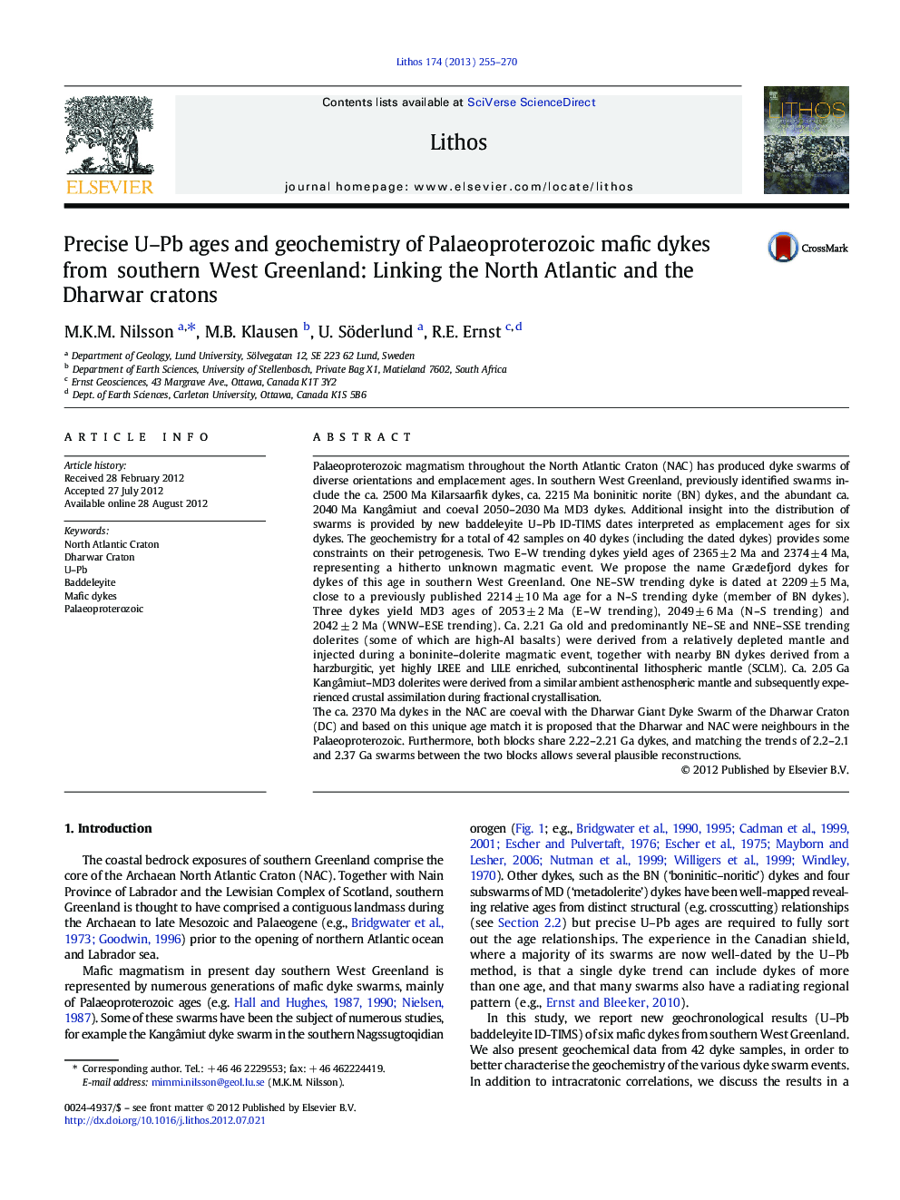 Precise U–Pb ages and geochemistry of Palaeoproterozoic mafic dykes from southern West Greenland: Linking the North Atlantic and the Dharwar cratons