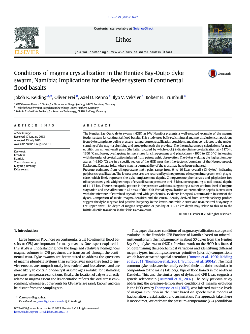 Conditions of magma crystallization in the Henties Bay-Outjo dyke swarm, Namibia: Implications for the feeder system of continental flood basalts