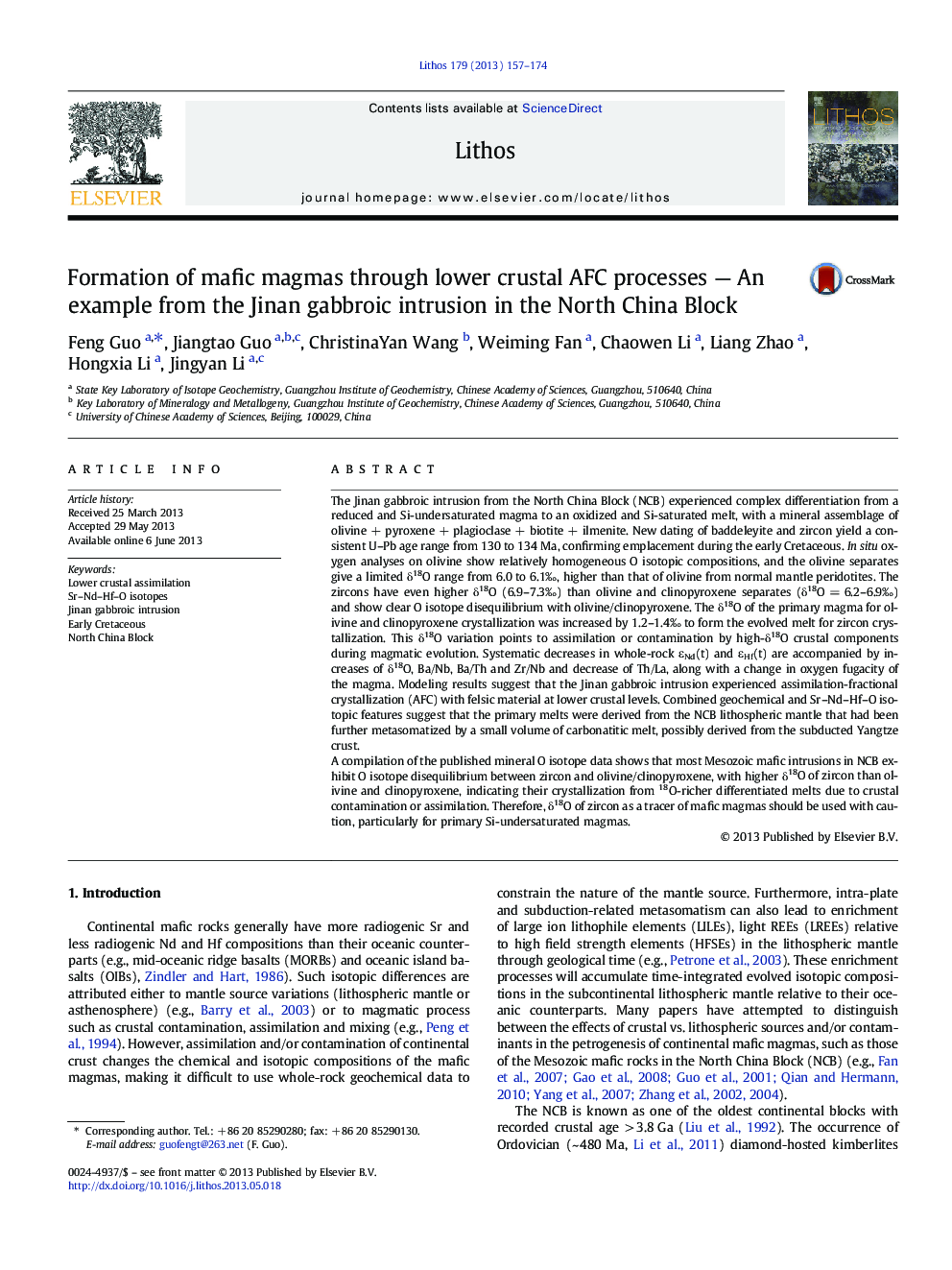 عکس صفحه اول مقاله: Formation of mafic magmas through lower crustal AFC processes — An example from the Jinan gabbroic intrusion in the North China Block Formation of mafic magmas through lower crustal AFC processes — An example from the Jinan gabbroic intrusion in the North China Block