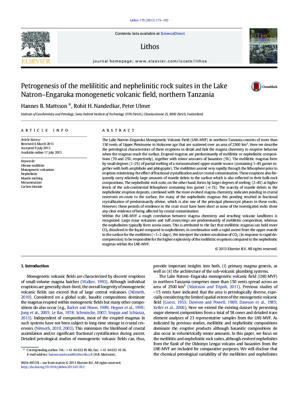 Petrogenesis of the melilititic and nephelinitic rock suites in the Lake Natron–Engaruka monogenetic volcanic field, northern Tanzania