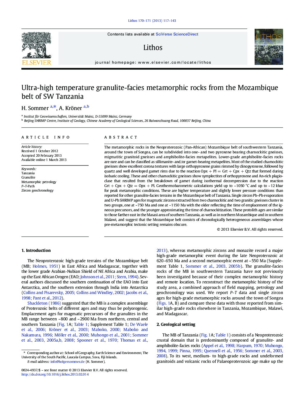 Ultra-high temperature granulite-facies metamorphic rocks from the Mozambique belt of SW Tanzania