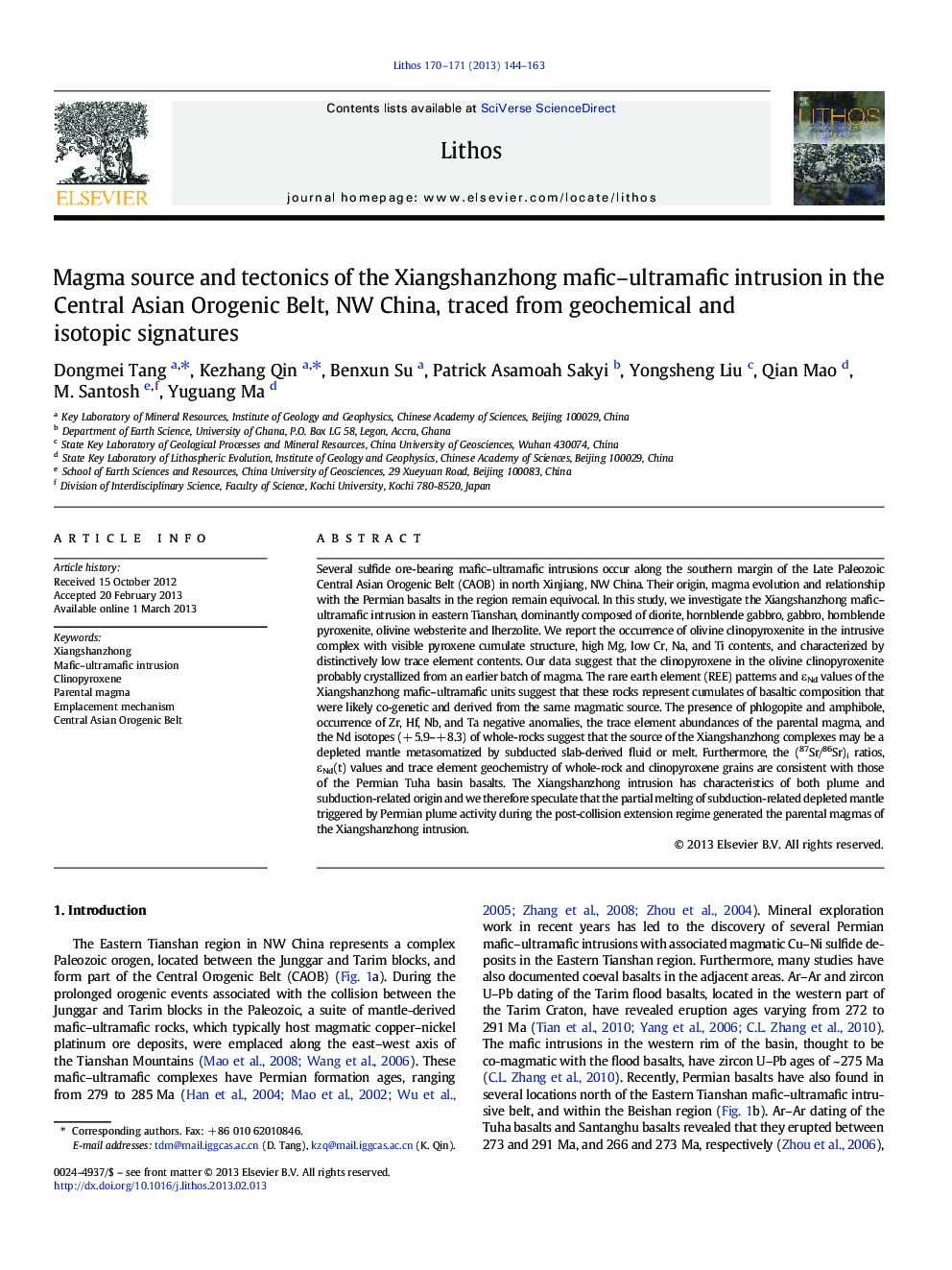 Magma source and tectonics of the Xiangshanzhong mafic–ultramafic intrusion in the Central Asian Orogenic Belt, NW China, traced from geochemical and isotopic signatures