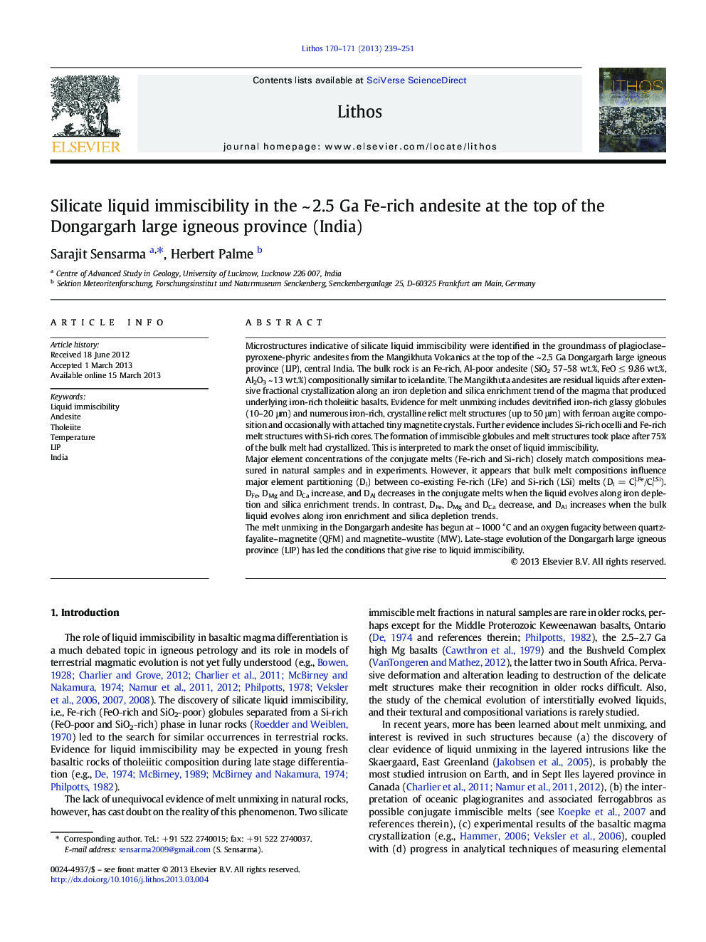 Silicate liquid immiscibility in the ~ 2.5 Ga Fe-rich andesite at the top of the Dongargarh large igneous province (India)