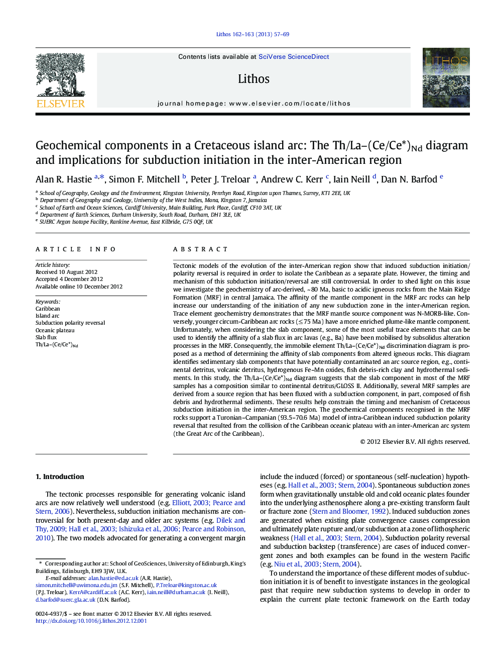 Geochemical components in a Cretaceous island arc: The Th/La–(Ce/Ce*)Nd diagram and implications for subduction initiation in the inter-American region