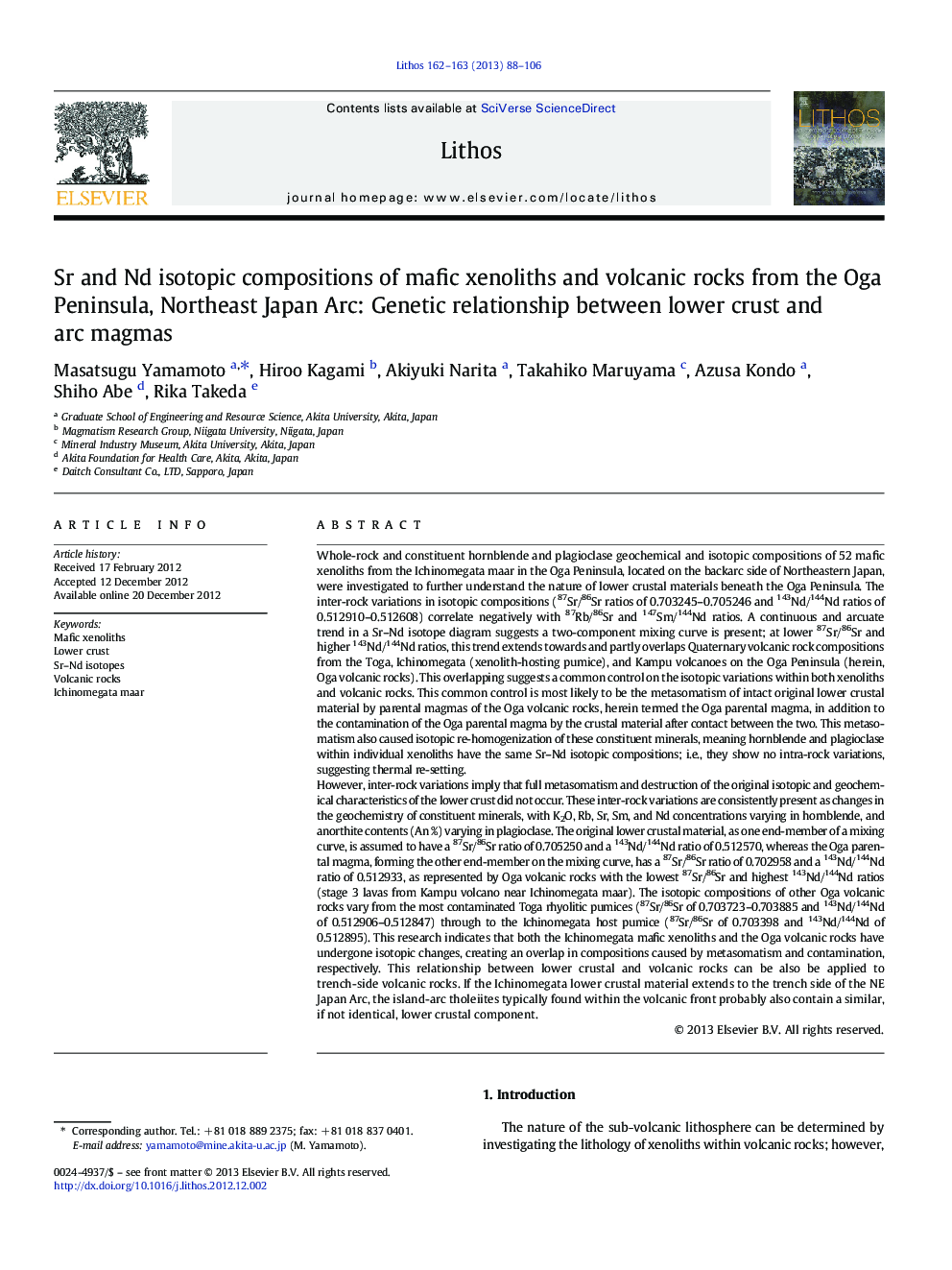 Sr and Nd isotopic compositions of mafic xenoliths and volcanic rocks from the Oga Peninsula, Northeast Japan Arc: Genetic relationship between lower crust and arc magmas