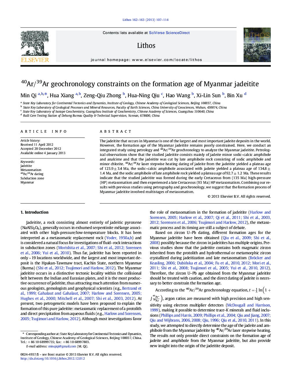 40Ar/39Ar geochronology constraints on the formation age of Myanmar jadeitite