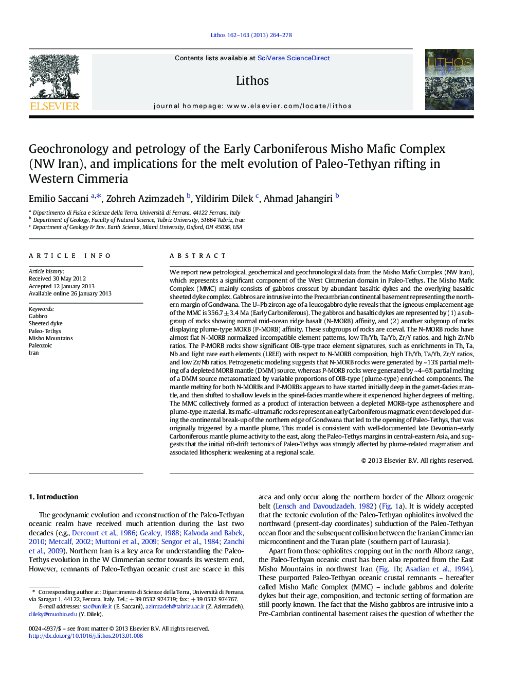 Geochronology and petrology of the Early Carboniferous Misho Mafic Complex (NW Iran), and implications for the melt evolution of Paleo-Tethyan rifting in Western Cimmeria