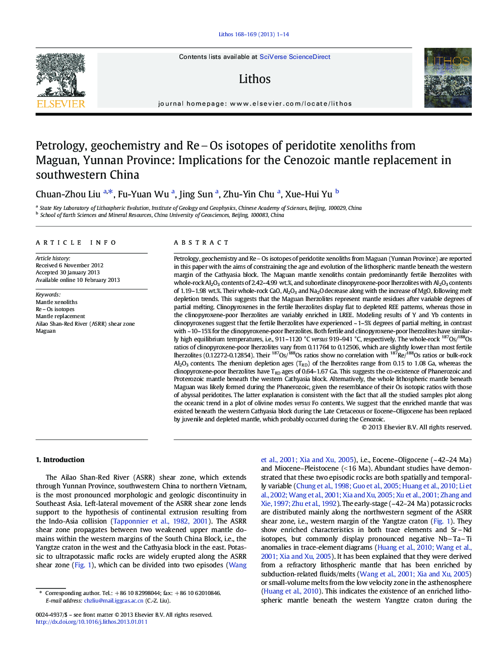 Petrology, geochemistry and ReOs isotopes of peridotite xenoliths from Maguan, Yunnan Province: Implications for the Cenozoic mantle replacement in southwestern China