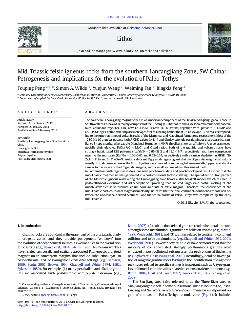 Mid-Triassic felsic igneous rocks from the southern Lancangjiang Zone, SW China: Petrogenesis and implications for the evolution of Paleo-Tethys