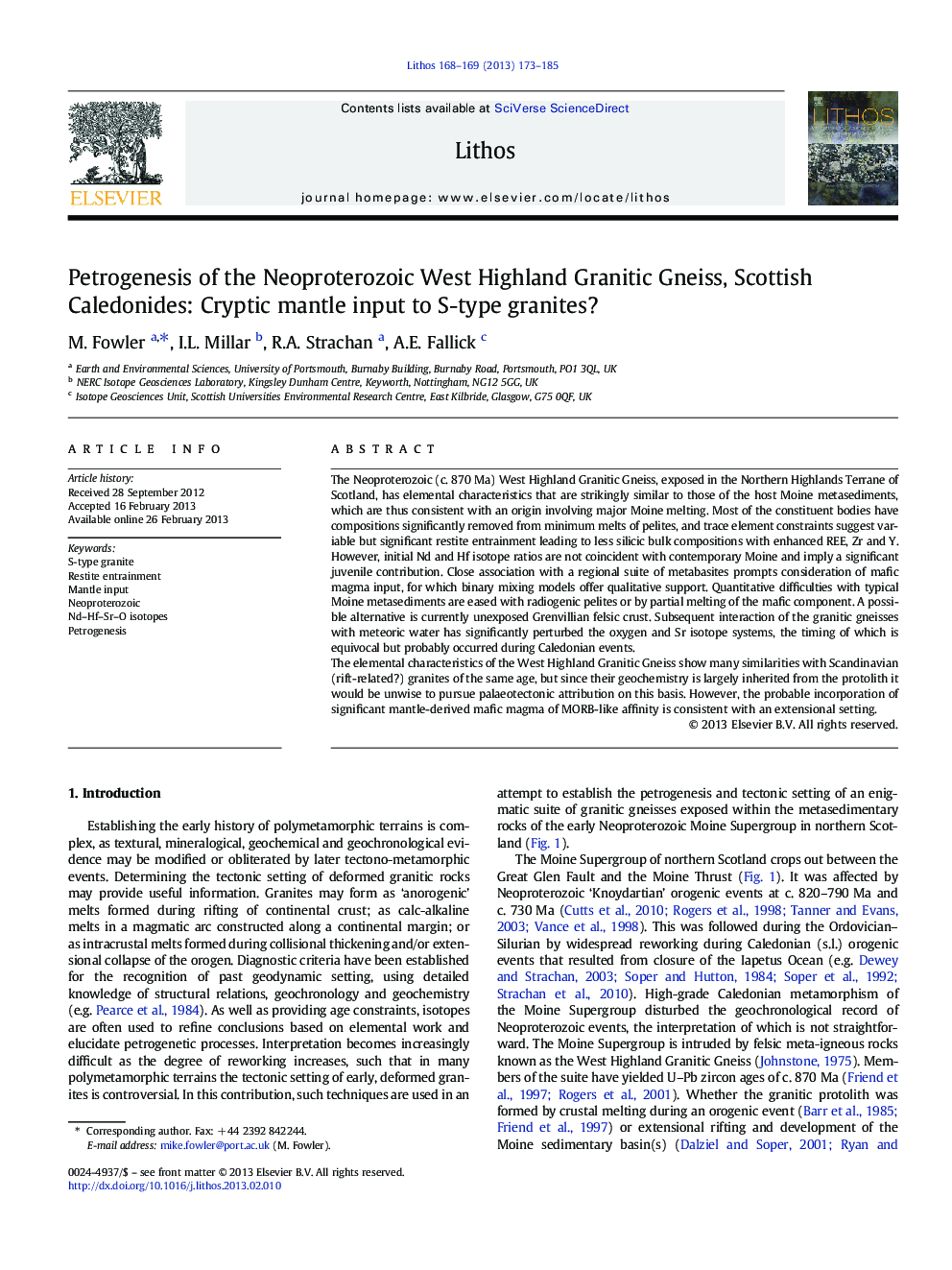 Petrogenesis of the Neoproterozoic West Highland Granitic Gneiss, Scottish Caledonides: Cryptic mantle input to S-type granites?