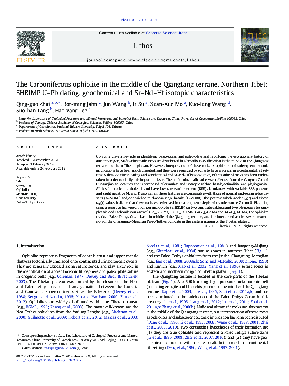 The Carboniferous ophiolite in the middle of the Qiangtang terrane, Northern Tibet: SHRIMP U–Pb dating, geochemical and Sr–Nd–Hf isotopic characteristics