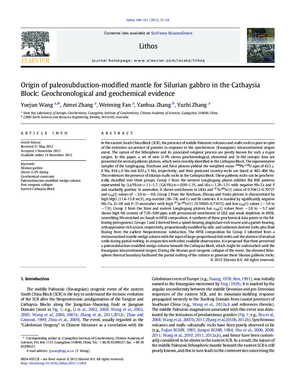 Origin of paleosubduction-modified mantle for Silurian gabbro in the Cathaysia Block: Geochronological and geochemical evidence
