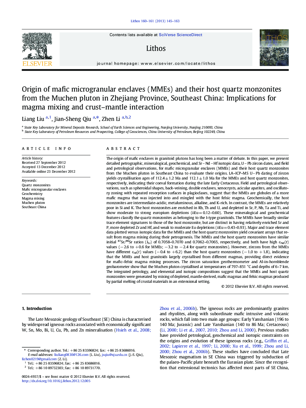 Origin of mafic microgranular enclaves (MMEs) and their host quartz monzonites from the Muchen pluton in Zhejiang Province, Southeast China: Implications for magma mixing and crust–mantle interaction