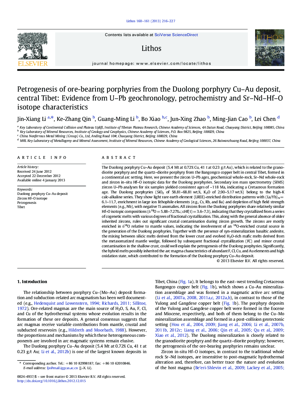 Petrogenesis of ore-bearing porphyries from the Duolong porphyry Cu–Au deposit, central Tibet: Evidence from U–Pb geochronology, petrochemistry and Sr–Nd–Hf–O isotope characteristics