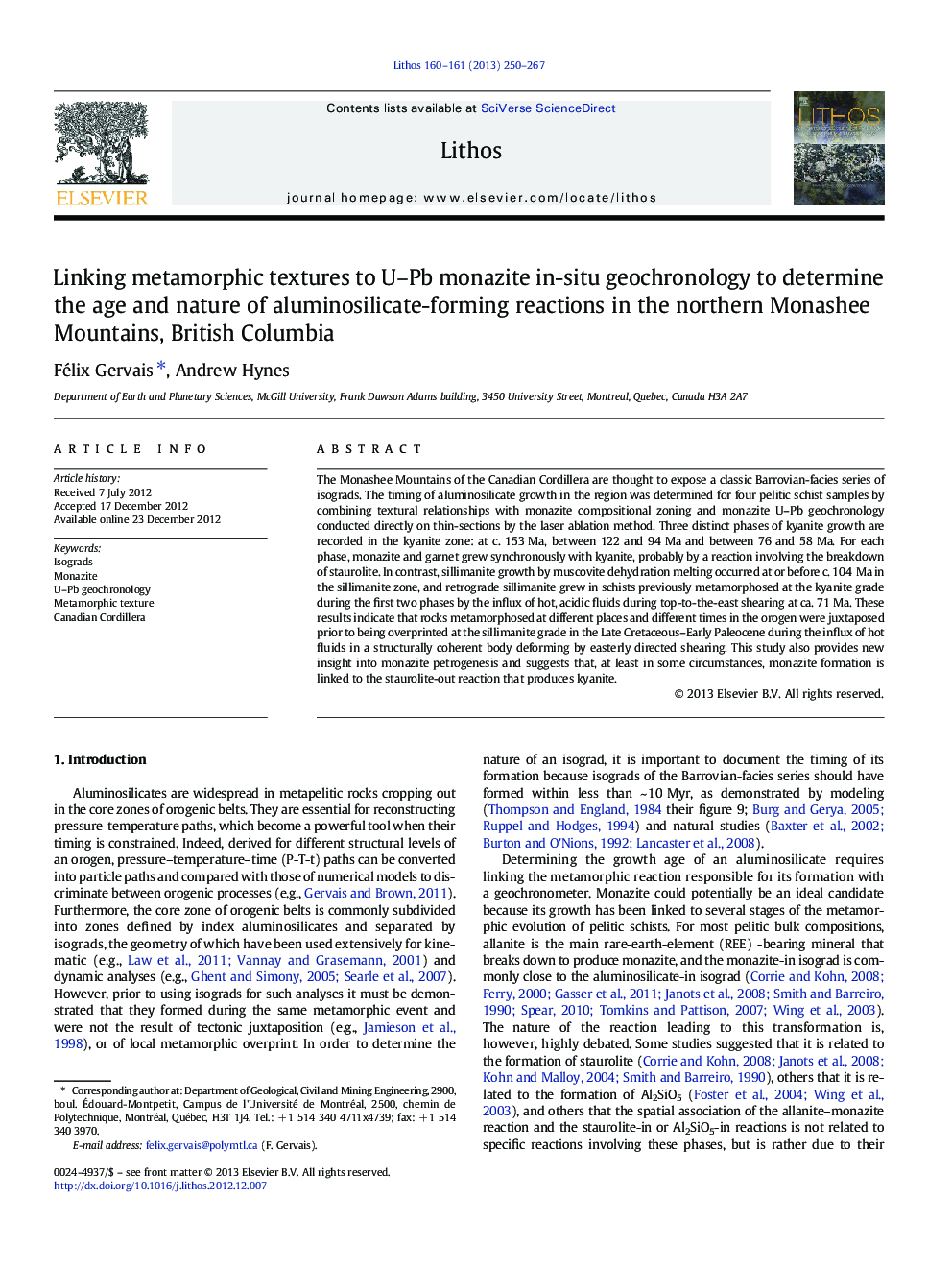Linking metamorphic textures to U–Pb monazite in-situ geochronology to determine the age and nature of aluminosilicate-forming reactions in the northern Monashee Mountains, British Columbia