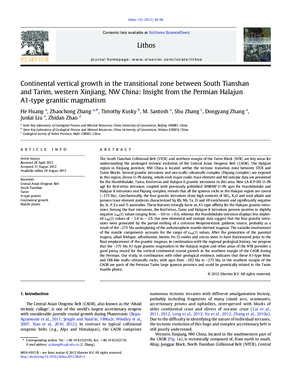 Continental vertical growth in the transitional zone between South Tianshan and Tarim, western Xinjiang, NW China: Insight from the Permian Halajun A1-type granitic magmatism