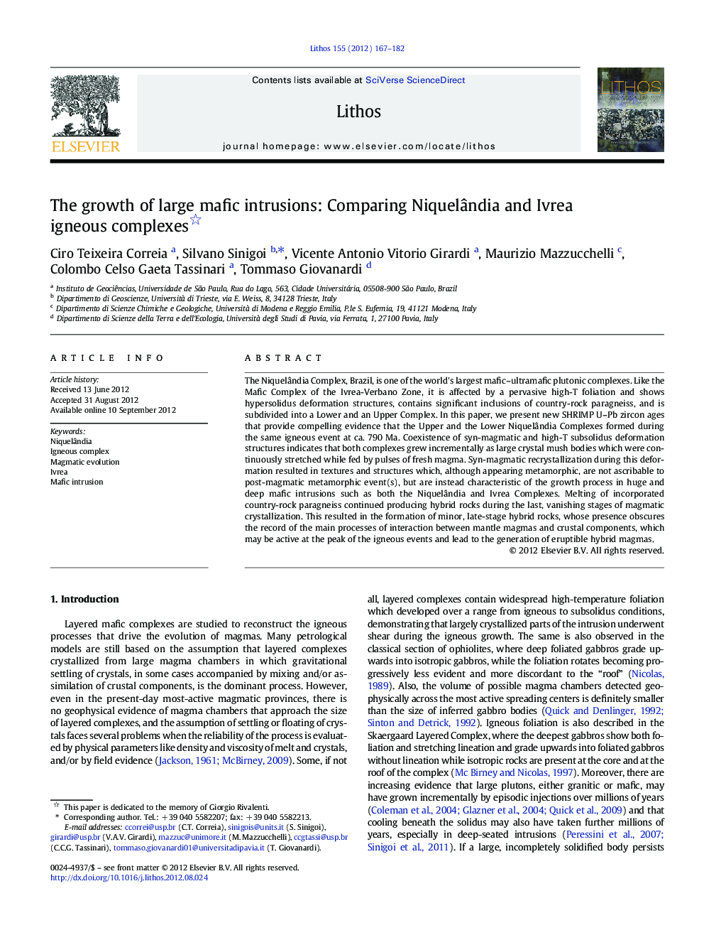 The growth of large mafic intrusions: Comparing Niquelândia and Ivrea igneous complexes 