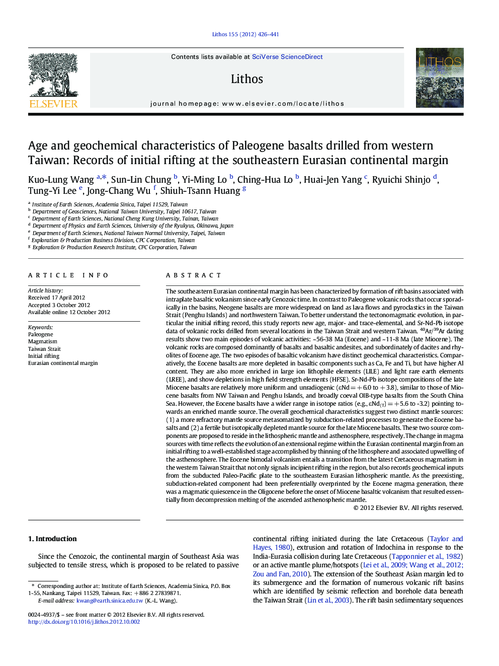 Age and geochemical characteristics of Paleogene basalts drilled from western Taiwan: Records of initial rifting at the southeastern Eurasian continental margin