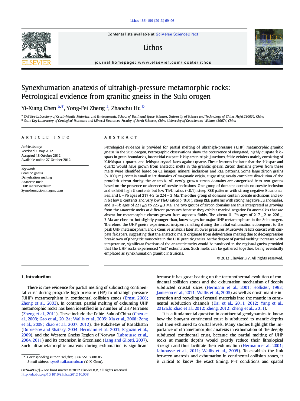 Synexhumation anatexis of ultrahigh-pressure metamorphic rocks: Petrological evidence from granitic gneiss in the Sulu orogen