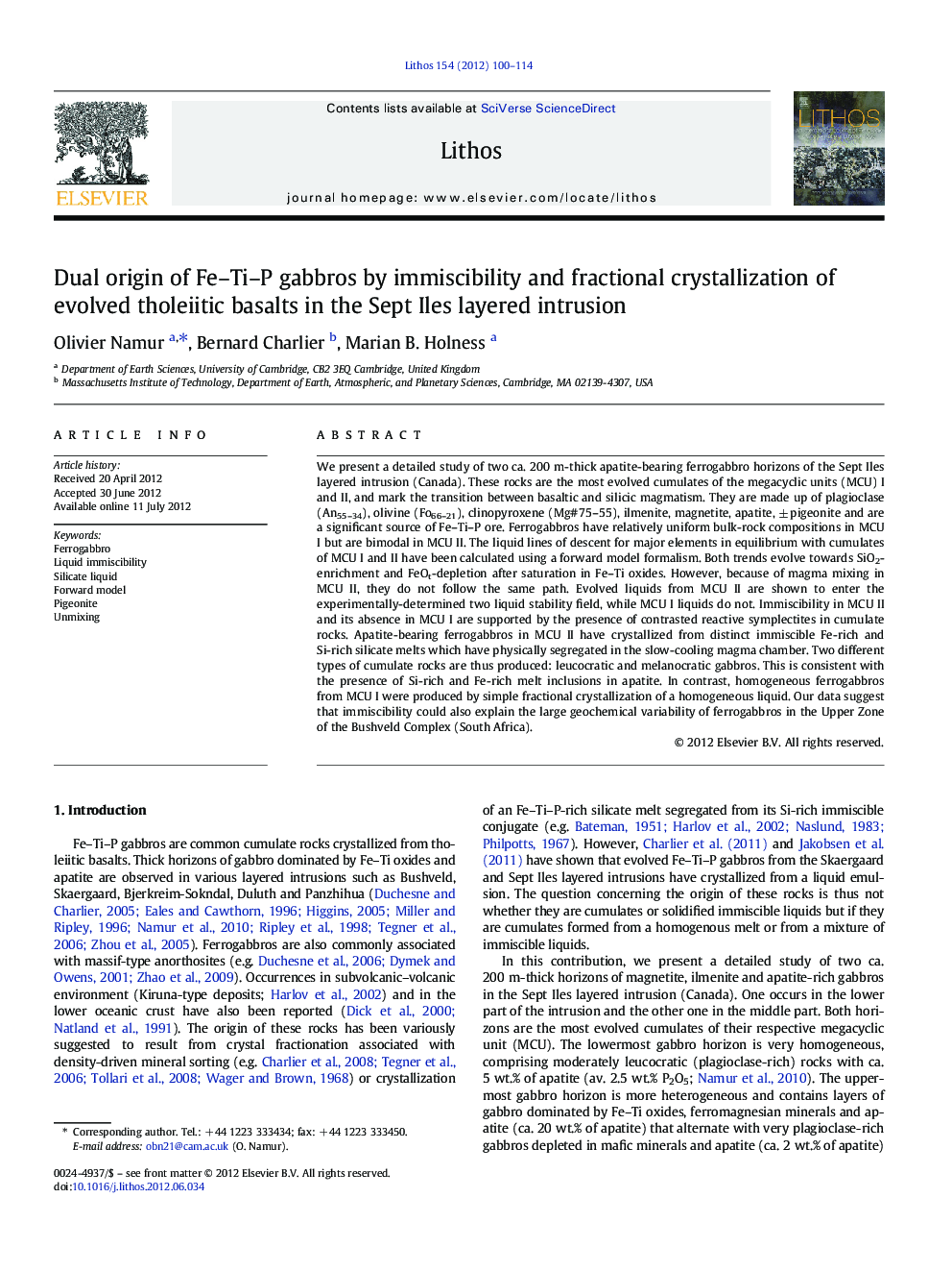 Dual origin of Fe–Ti–P gabbros by immiscibility and fractional crystallization of evolved tholeiitic basalts in the Sept Iles layered intrusion