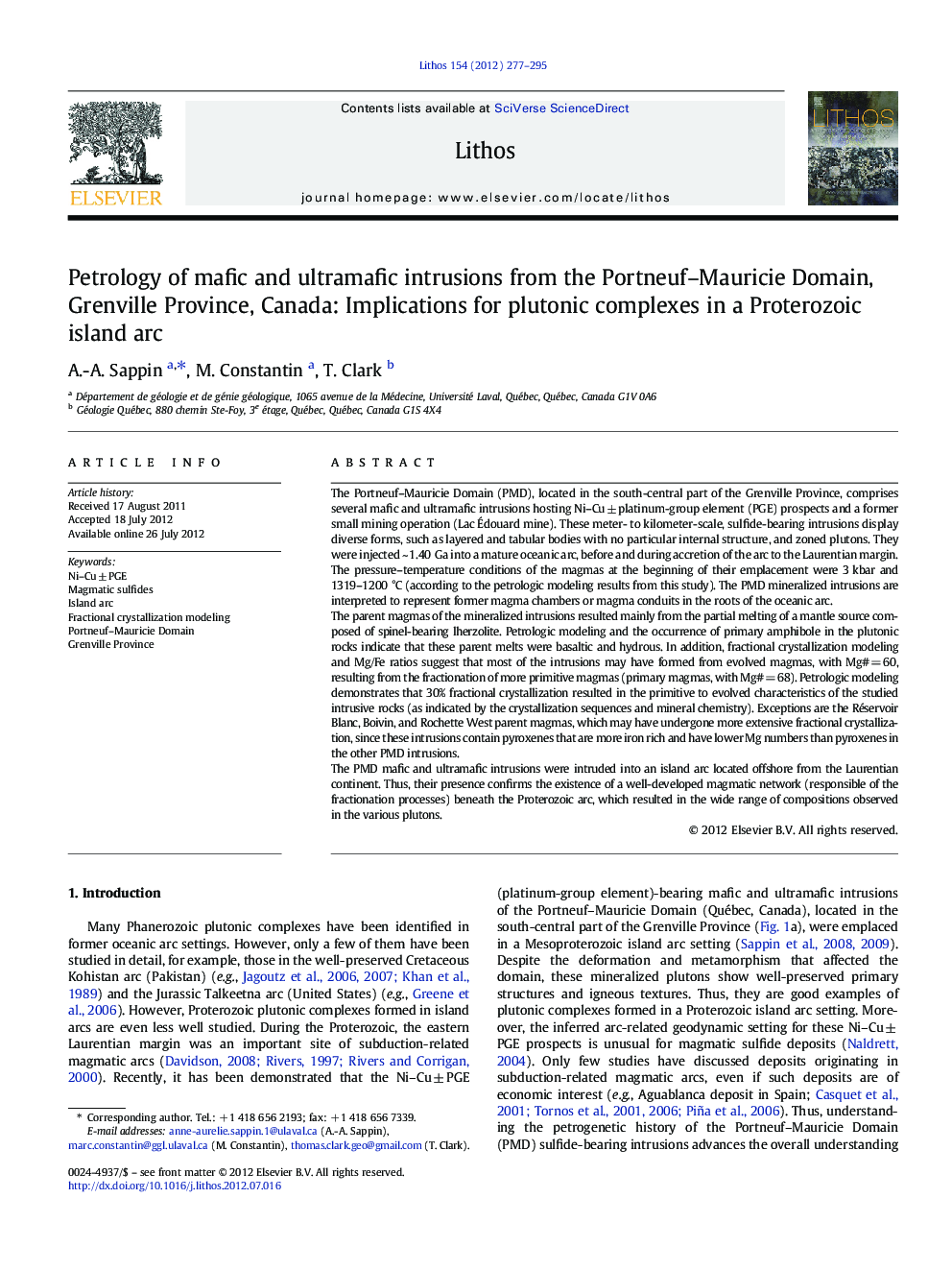 Petrology of mafic and ultramafic intrusions from the Portneuf–Mauricie Domain, Grenville Province, Canada: Implications for plutonic complexes in a Proterozoic island arc