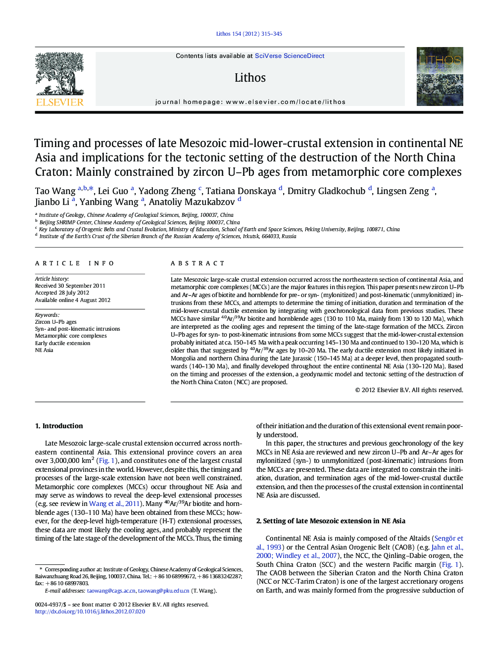 Timing and processes of late Mesozoic mid-lower-crustal extension in continental NE Asia and implications for the tectonic setting of the destruction of the North China Craton: Mainly constrained by zircon U–Pb ages from metamorphic core complexes