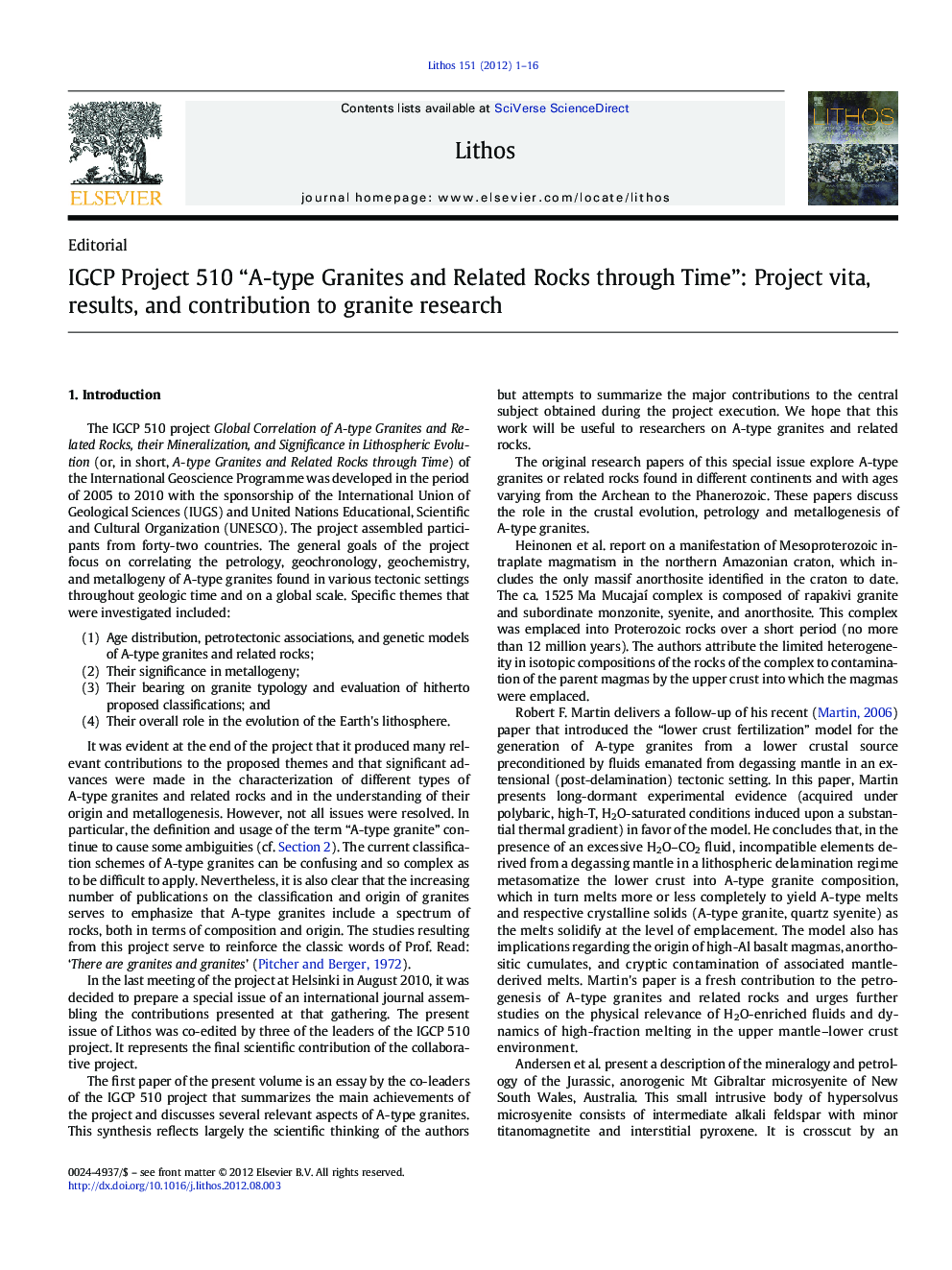 IGCP Project 510 “A-type Granites and Related Rocks through Time”: Project vita, results, and contribution to granite research