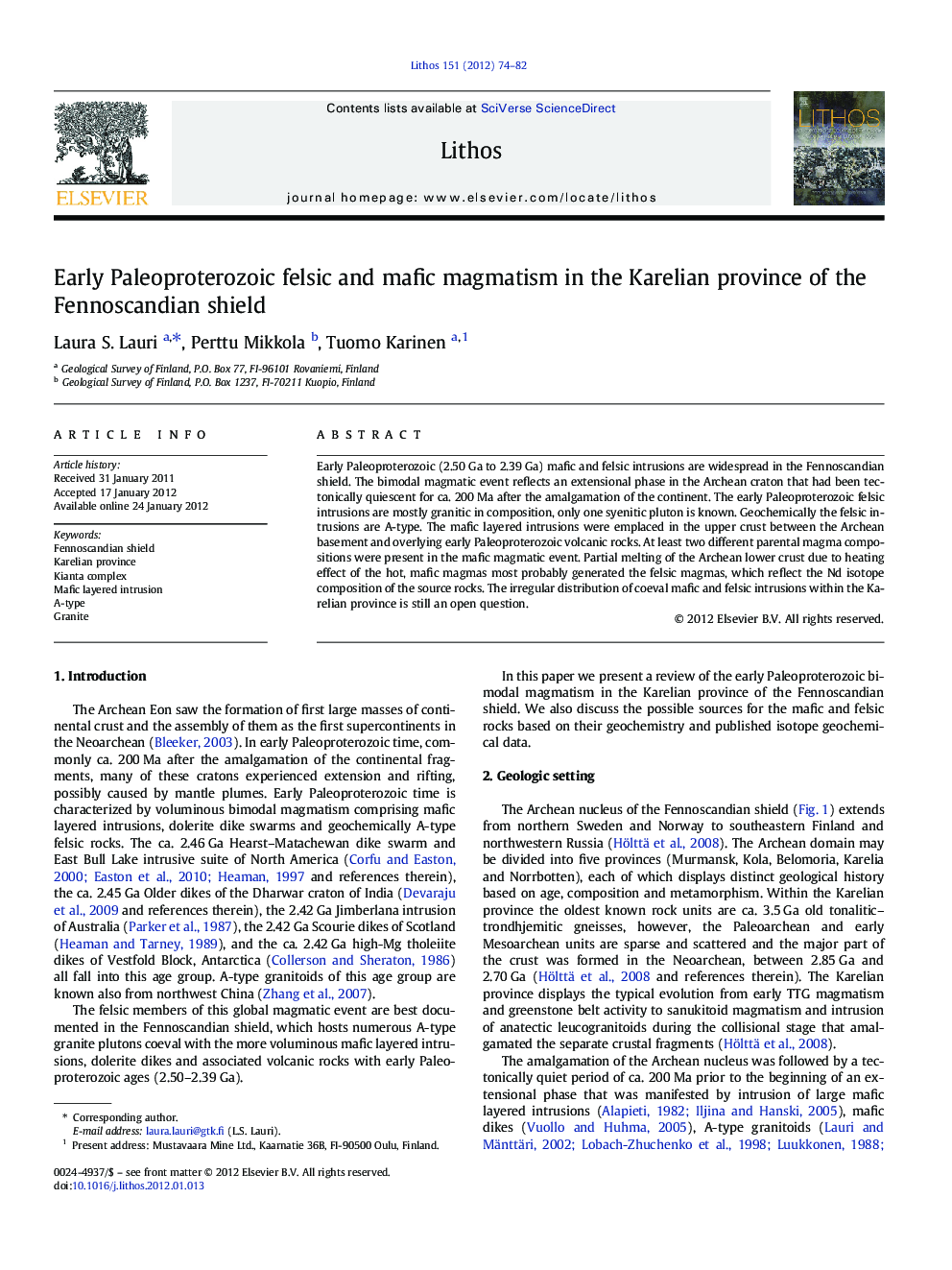 Early Paleoproterozoic felsic and mafic magmatism in the Karelian province of the Fennoscandian shield