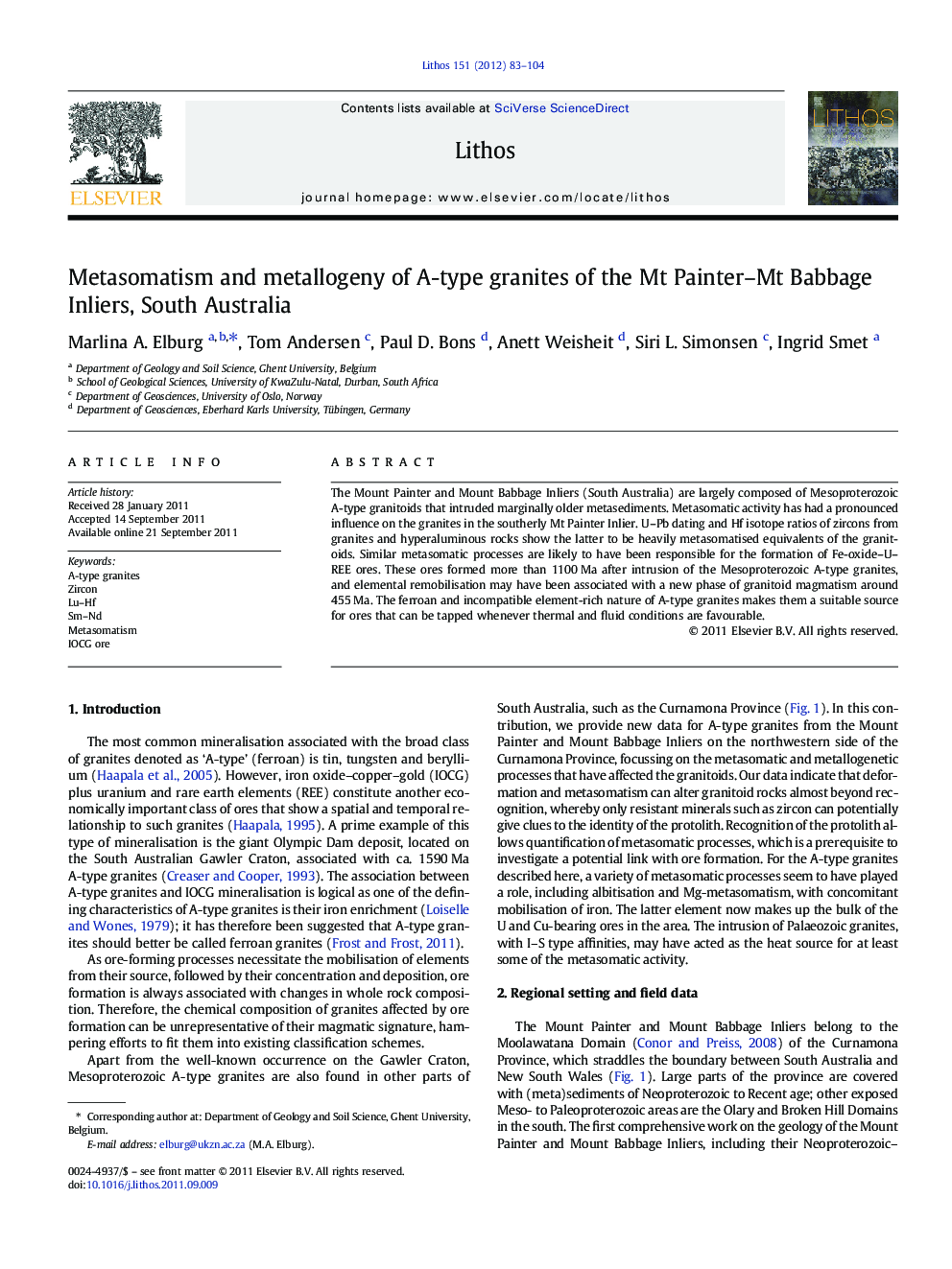 Metasomatism and metallogeny of A-type granites of the Mt Painter–Mt Babbage Inliers, South Australia