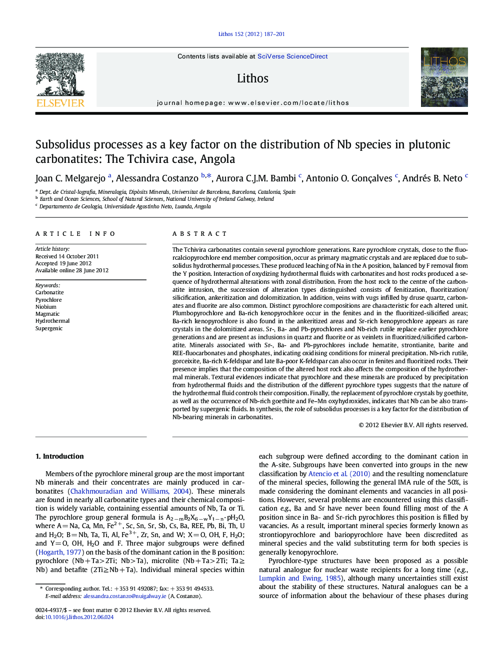 Subsolidus processes as a key factor on the distribution of Nb species in plutonic carbonatites: The Tchivira case, Angola