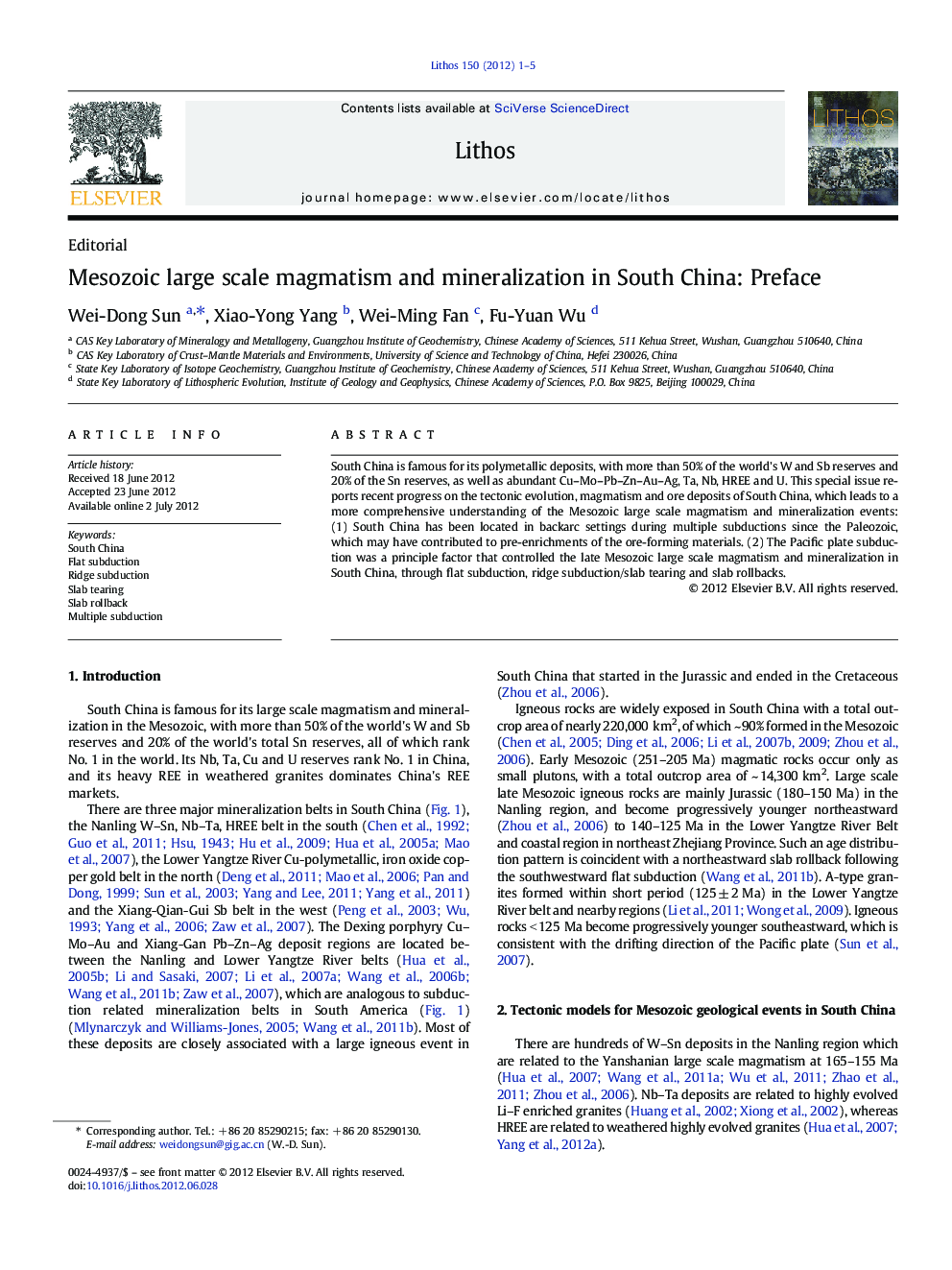 Mesozoic large scale magmatism and mineralization in South China: Preface