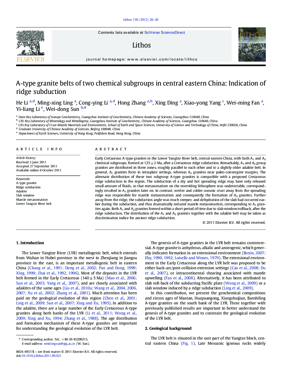 A-type granite belts of two chemical subgroups in central eastern China: Indication of ridge subduction