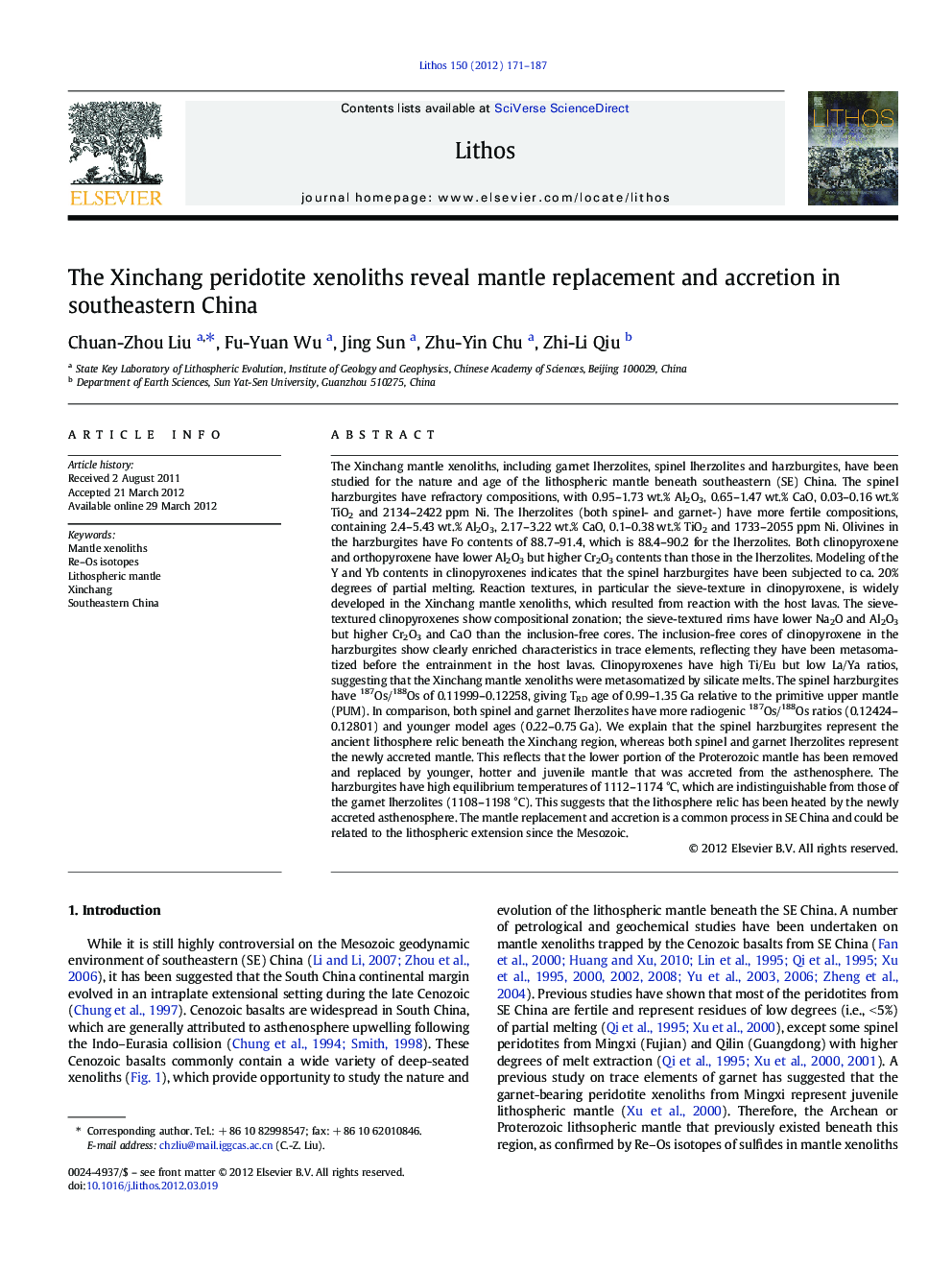 The Xinchang peridotite xenoliths reveal mantle replacement and accretion in southeastern China