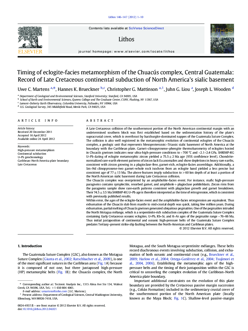 Timing of eclogite-facies metamorphism of the Chuacús complex, Central Guatemala: Record of Late Cretaceous continental subduction of North America's sialic basement