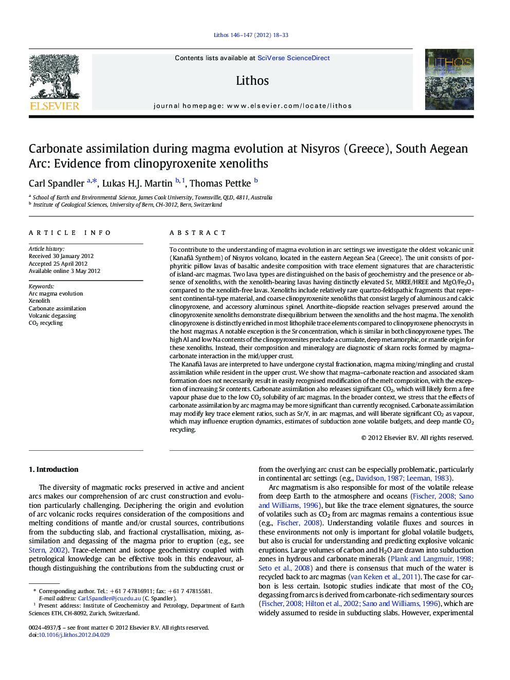 Carbonate assimilation during magma evolution at Nisyros (Greece), South Aegean Arc: Evidence from clinopyroxenite xenoliths