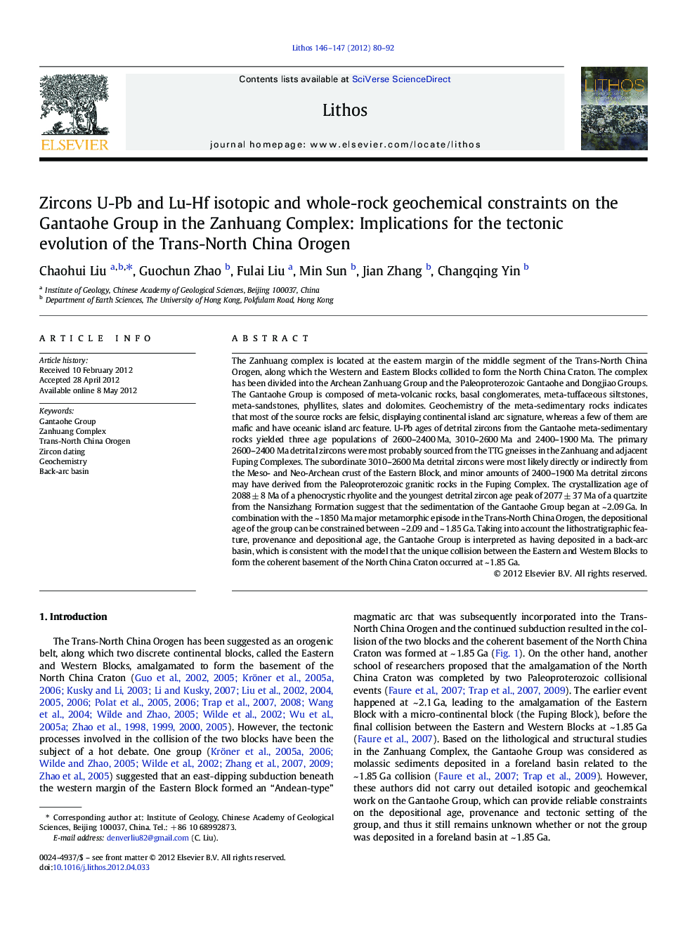 Zircons U-Pb and Lu-Hf isotopic and whole-rock geochemical constraints on the Gantaohe Group in the Zanhuang Complex: Implications for the tectonic evolution of the Trans-North China Orogen