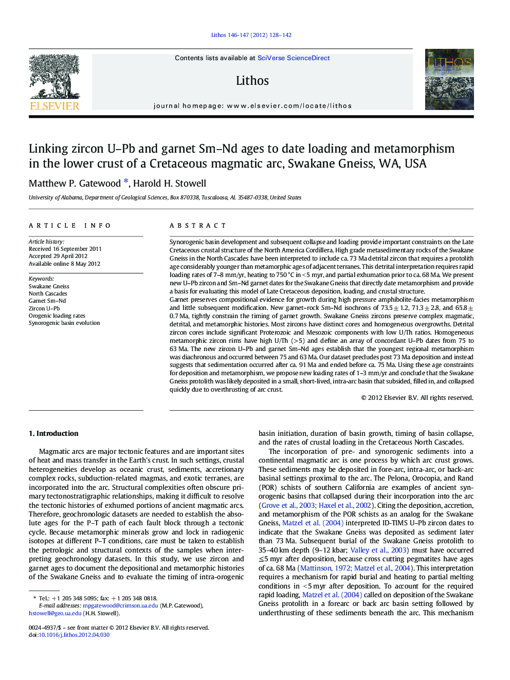 Linking zircon U–Pb and garnet Sm–Nd ages to date loading and metamorphism in the lower crust of a Cretaceous magmatic arc, Swakane Gneiss, WA, USA