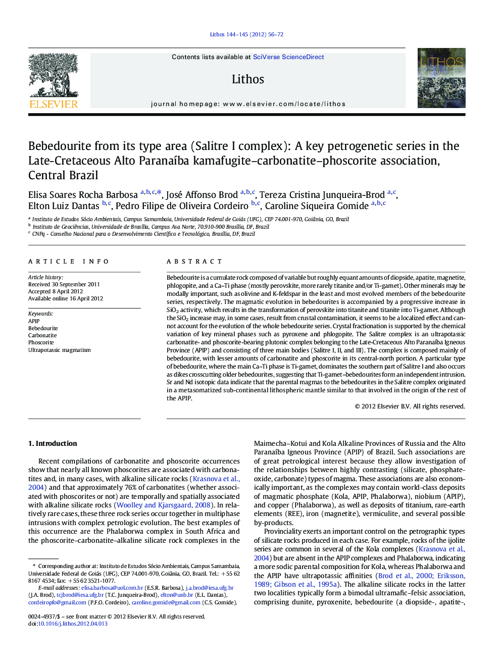 Bebedourite from its type area (Salitre I complex): A key petrogenetic series in the Late-Cretaceous Alto Paranaíba kamafugite–carbonatite–phoscorite association, Central Brazil