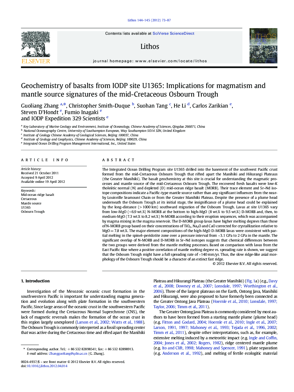 Geochemistry of basalts from IODP site U1365: Implications for magmatism and mantle source signatures of the mid-Cretaceous Osbourn Trough