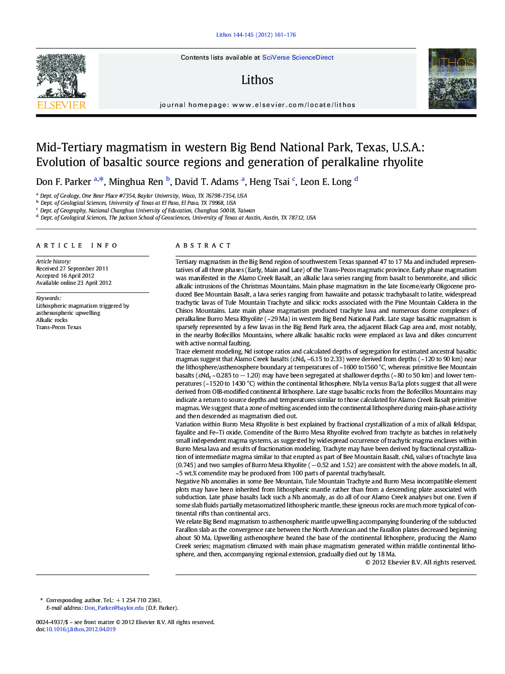 Mid-Tertiary magmatism in western Big Bend National Park, Texas, U.S.A.: Evolution of basaltic source regions and generation of peralkaline rhyolite