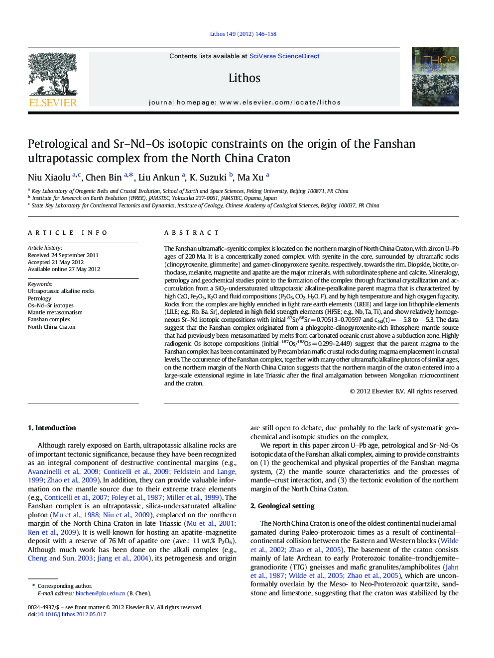 Petrological and Sr–Nd–Os isotopic constraints on the origin of the Fanshan ultrapotassic complex from the North China Craton